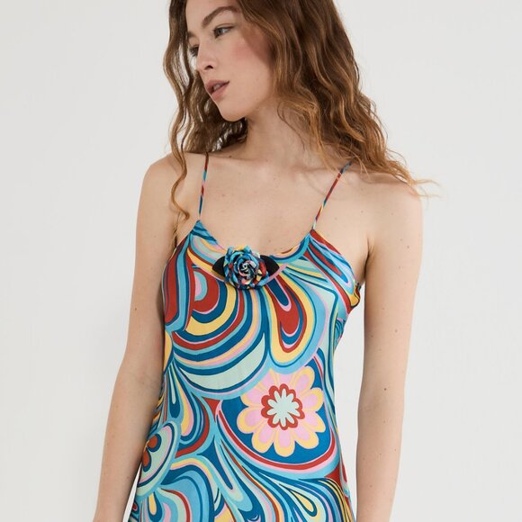 RODARTE PRINTED BIAS MINI SLIP DRESS IN AQUA - Picture 3 of 6